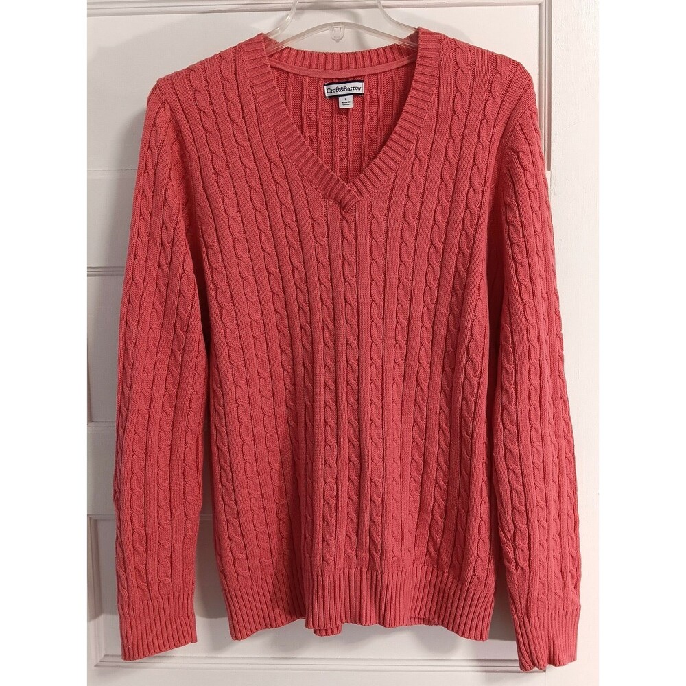 Croft & Barrow Cable Knit Sweater L Coral Pink Cotton Fisherman Preppy Old Money